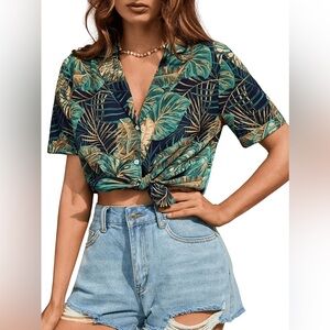 Verdusa Women's Tropical Shirts Short Sleeve Button Down Collar Hawaiian Blouses
